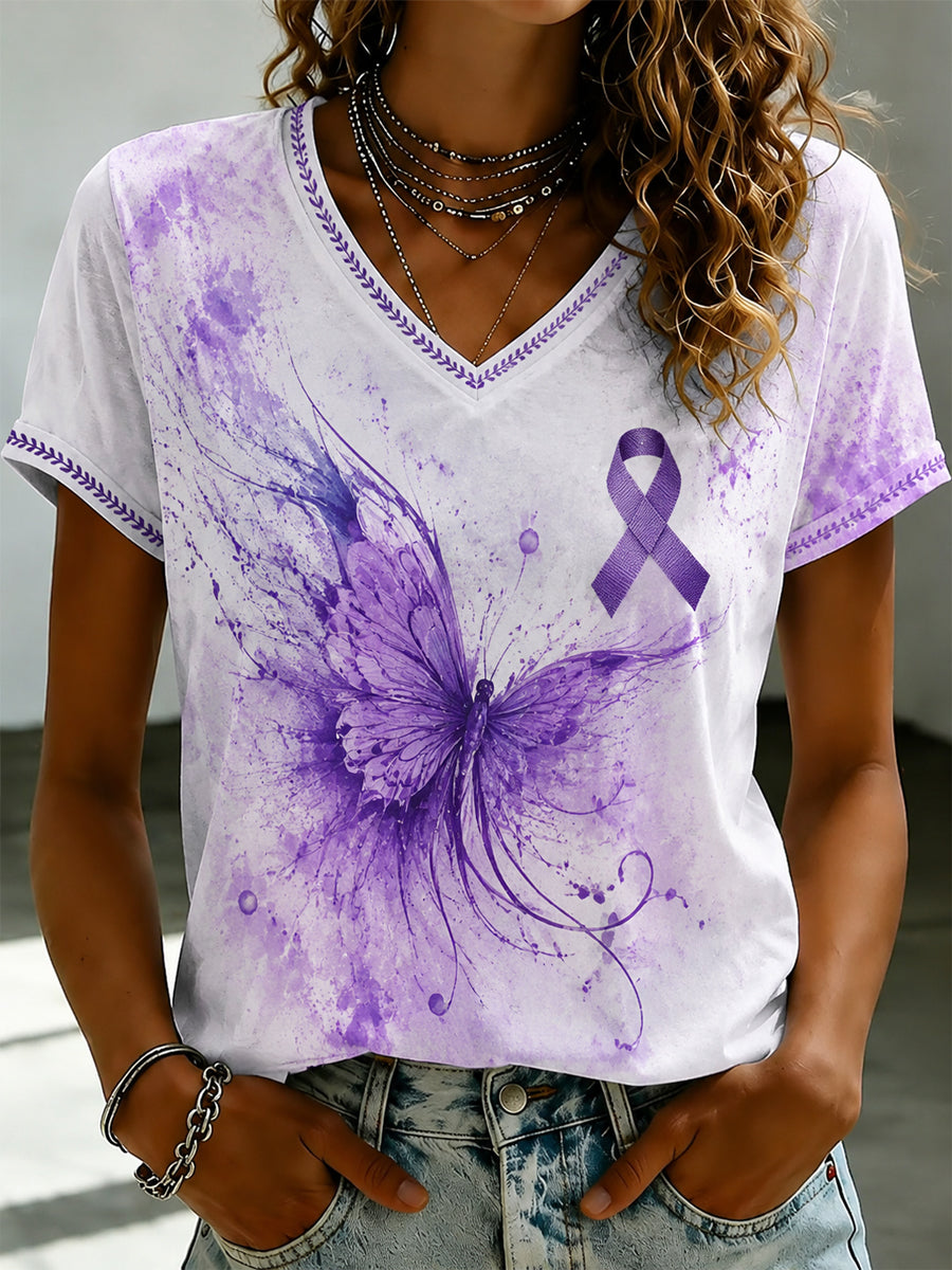 Women's Purple Flora Art Printed V-neck T-shirt