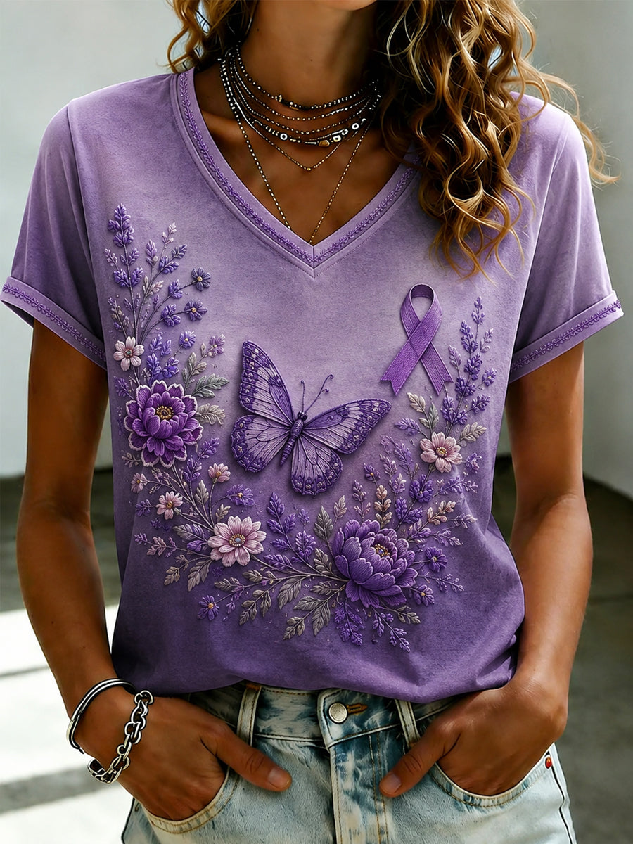 Women's Purple Flora Art Printed V-neck T-shirt