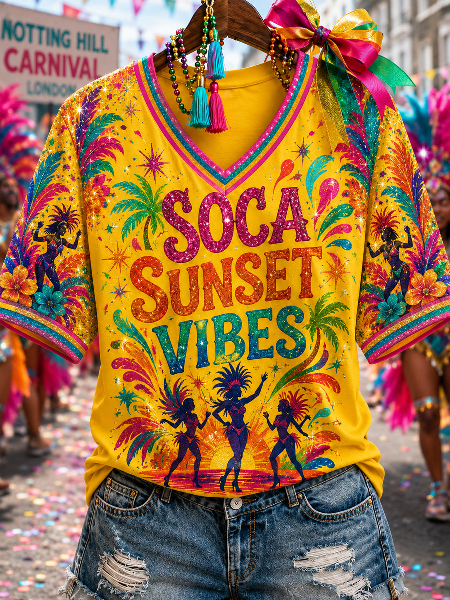 Women's Caribbean Carnival Print Casual V-Neck Tee