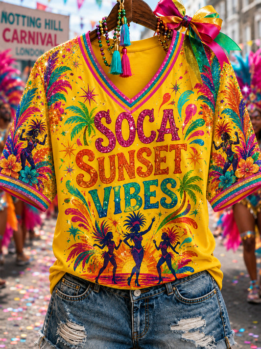 Women's Caribbean Carnival Print Casual V-Neck Tee