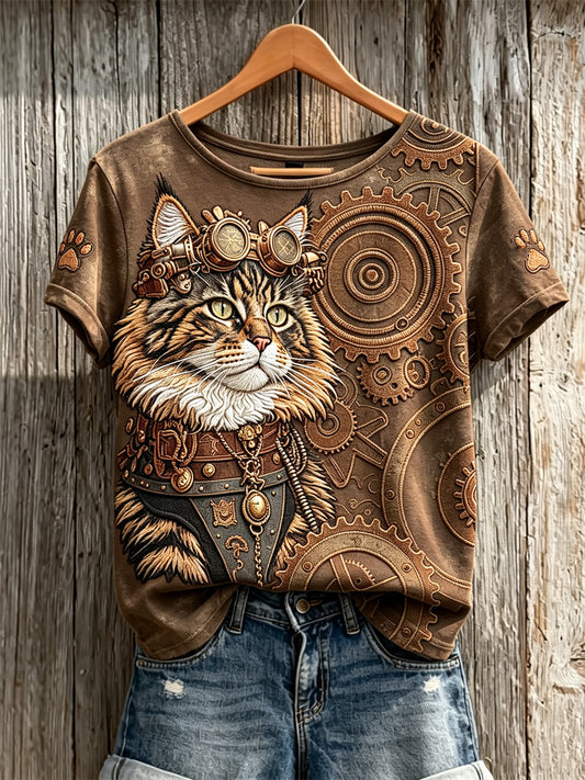 Women's Vintage Steampunk Cat Gear Art Print short-sleeved T-shirt