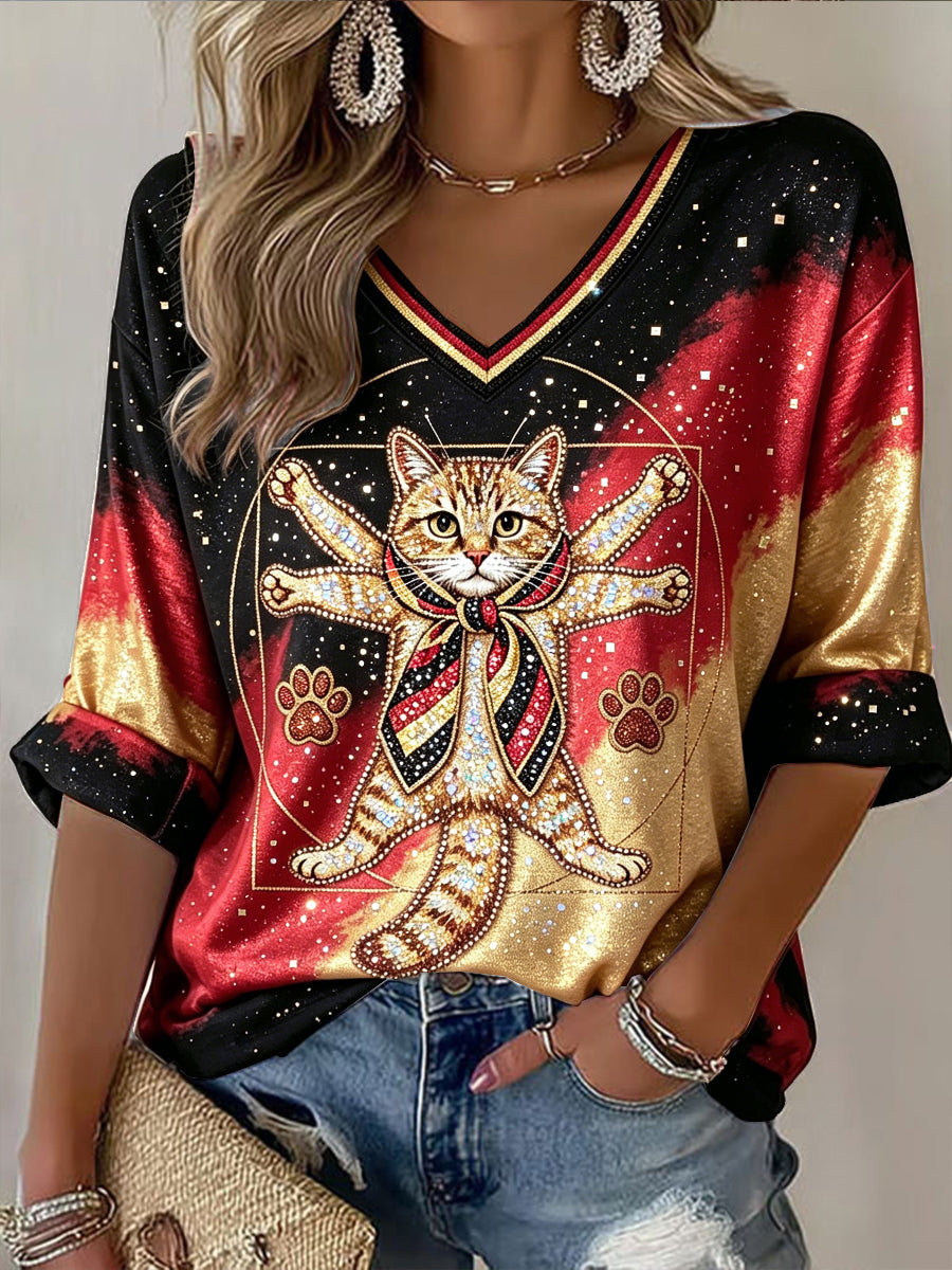 Women’s German Cute Cat Gradient Print Casual V-neck T-shirt