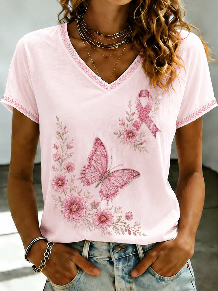 Women's Breast Cancer Pink Flowers Printed V-neck T-shirt