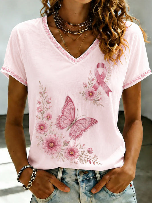 Women's Breast Cancer Pink Flowers Printed V-neck T-shirt