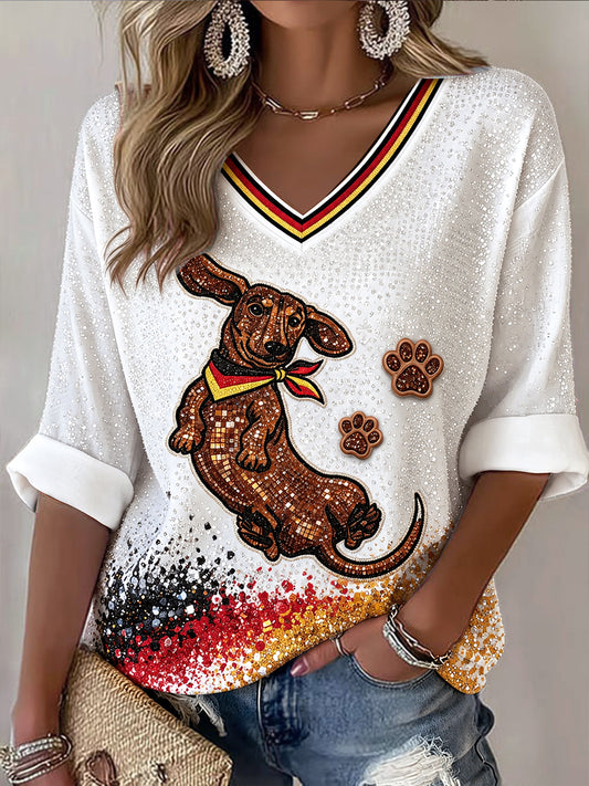 Women’s German Shorthaired Pointer Sequin-Print Casual V-neck T-shirt
