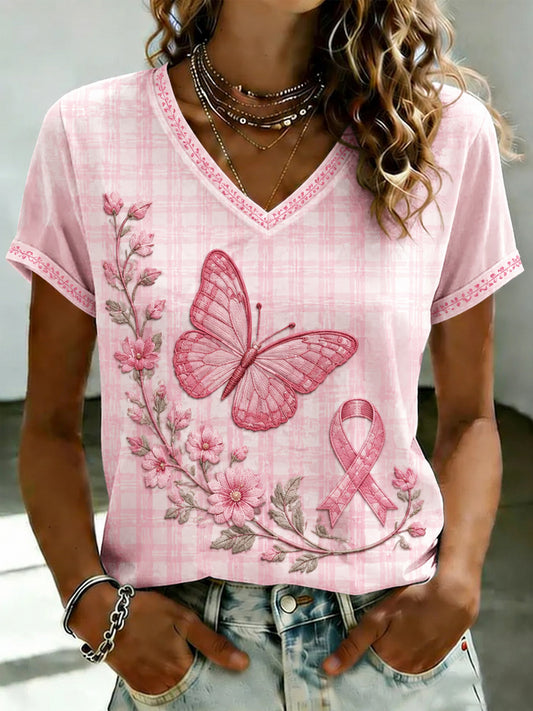 Women's Breast Cancer Pink Flowers Printed V-neck T-shirt
