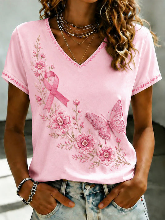 Women's Breast Cancer Pink Flowers Printed V-neck T-shirt