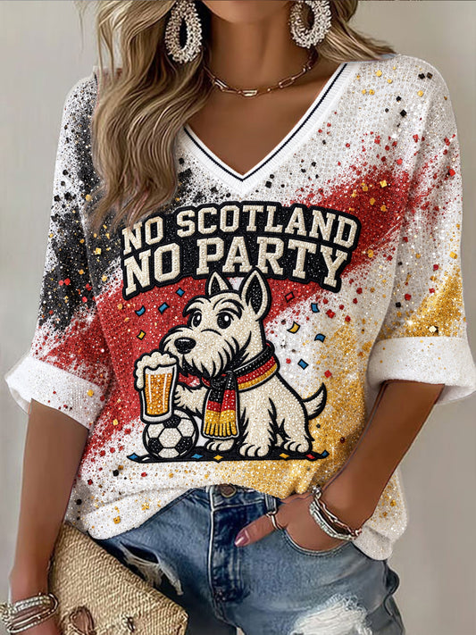Women’s German Cute Dog Football Print Casual V-neck T-shirt