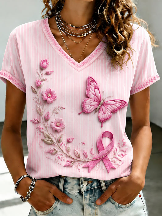 Women's Breast Cancer Pink Flowers Printed V-neck T-shirt