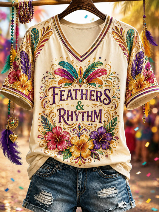 Women's Caribbean Carnival Print Casual V-Neck Tee