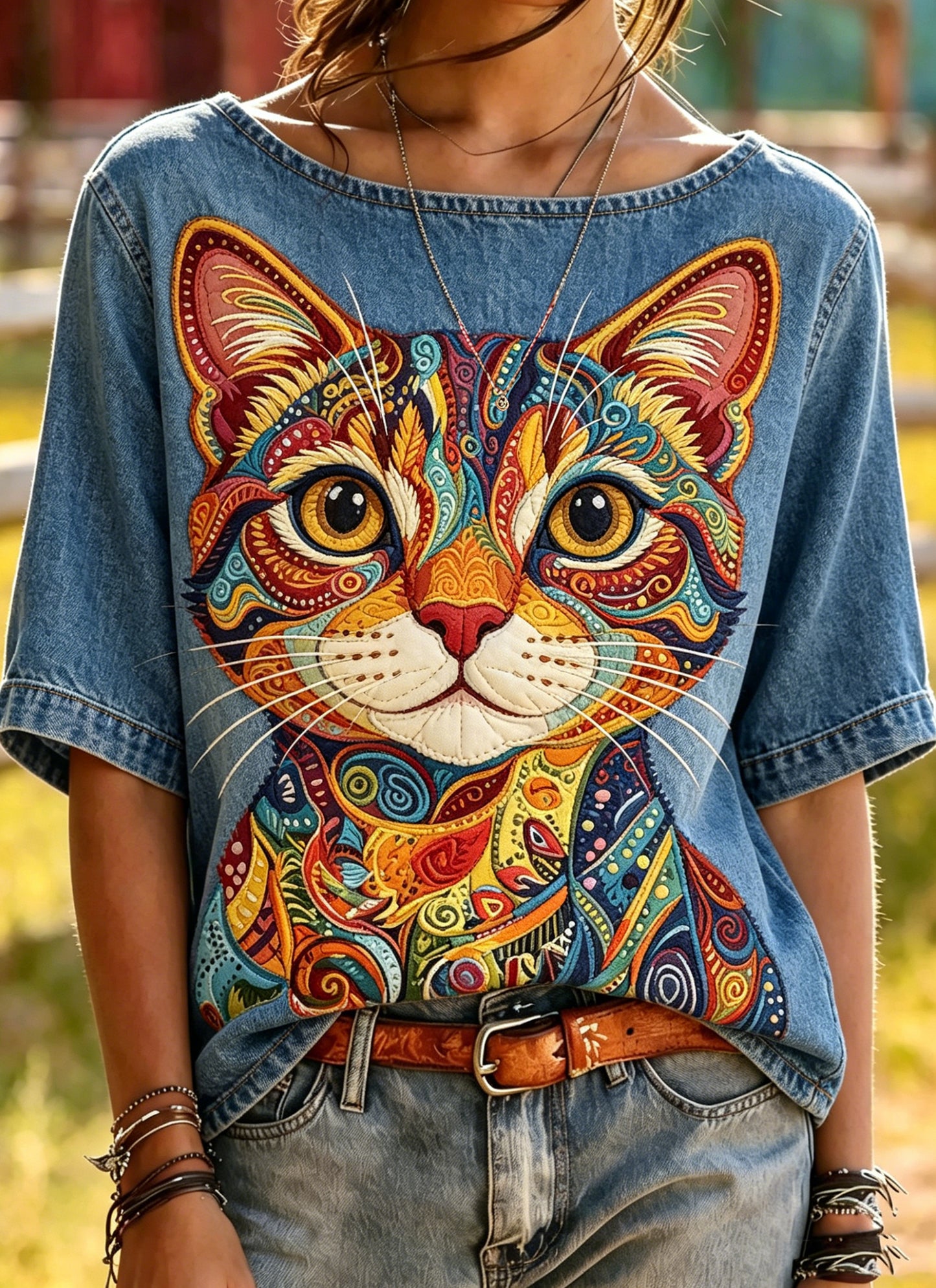Women's Animal Cat Printed Vintage Fashion Loose Short Sleeve T-Shirt