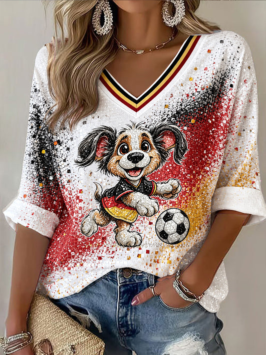 Women’s White German Flag Cute Dog Football Print Casual V-neck T-shirt