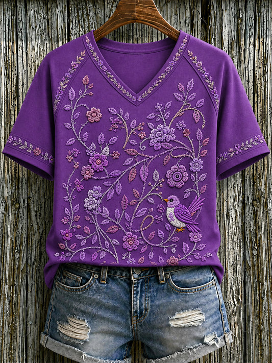 Women's Purple Floral & Hummingbird Print Alzheimer's Awareness Support V-Neck Tee