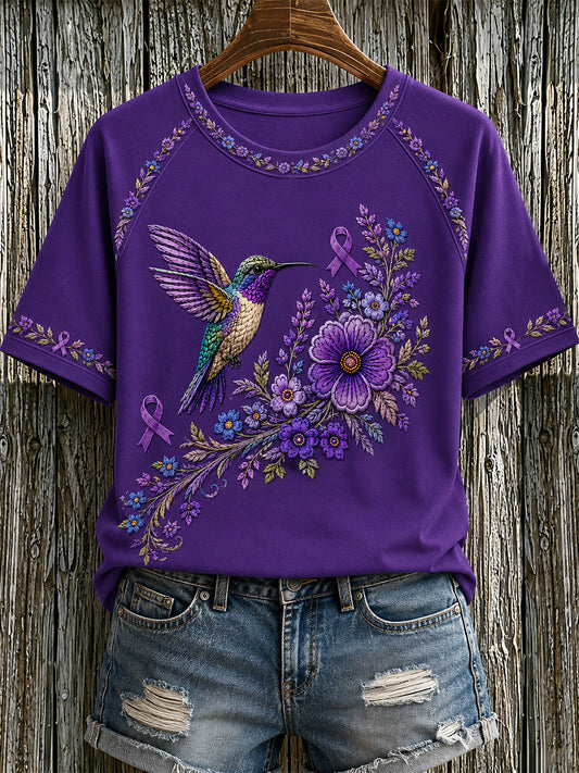 Women's Purple Floral & Hummingbird Print Alzheimer's Awareness Support Tee