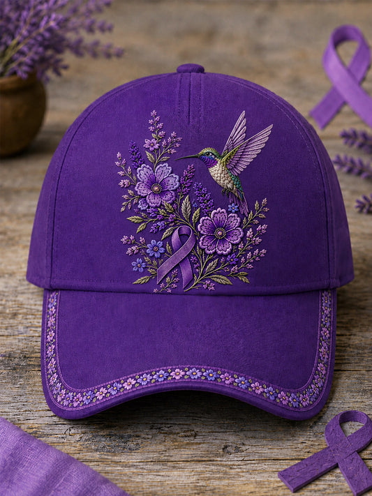 Unisex Purple Floral & Hummingbird Print Alzheimer's Awareness Support Hat