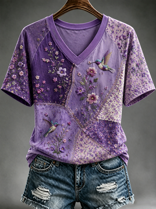 Women's Hummingbird and floral print short-sleeved T-shirt