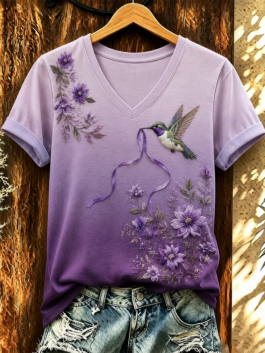 Women's Hummingbird and floral print short-sleeved T-shirt