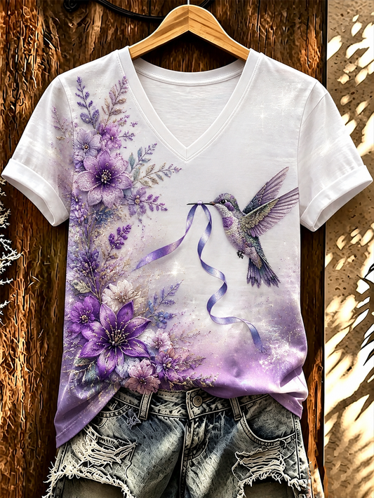Women's Hummingbird and floral print short-sleeved T-shirt
