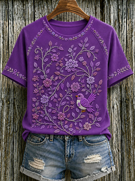 Women's Purple Floral & Hummingbird Print Alzheimer's Awareness Support Tee