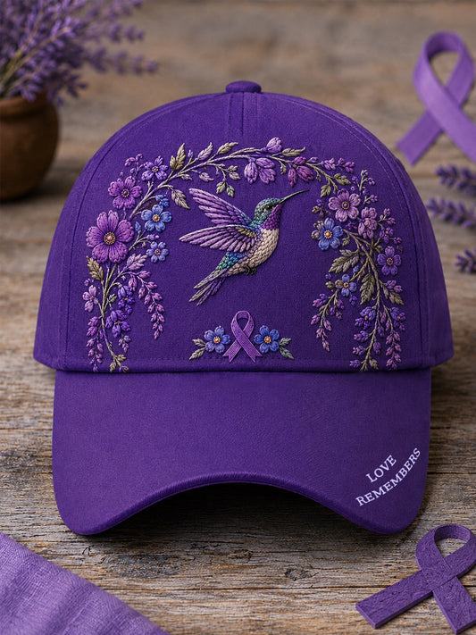 Unisex Purple Floral & Hummingbird Print Alzheimer's Awareness Support Hat