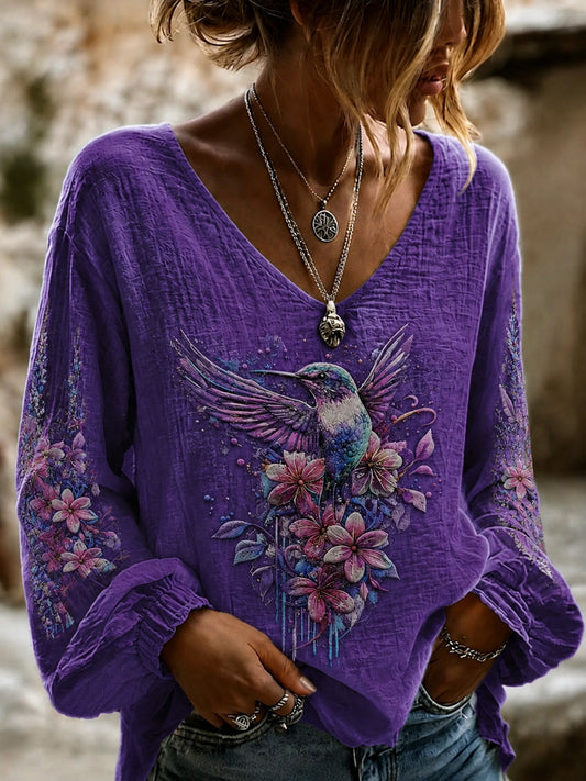 Women's Purple Flora Art Print Cotton-Linen Shirt