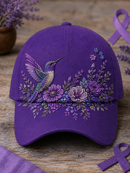 Unisex Purple Floral & Hummingbird Print Alzheimer's Awareness Support Hat