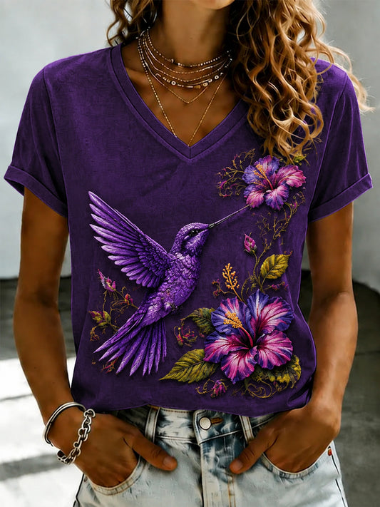 Women's Purple Flora Art Printed V-neck T-shirt