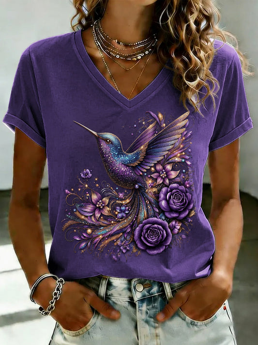 Women's Purple Flora Art Printed V-neck T-shirt