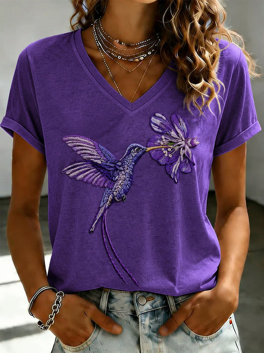 Women's Purple Flora Art Printed V-neck T-shirt