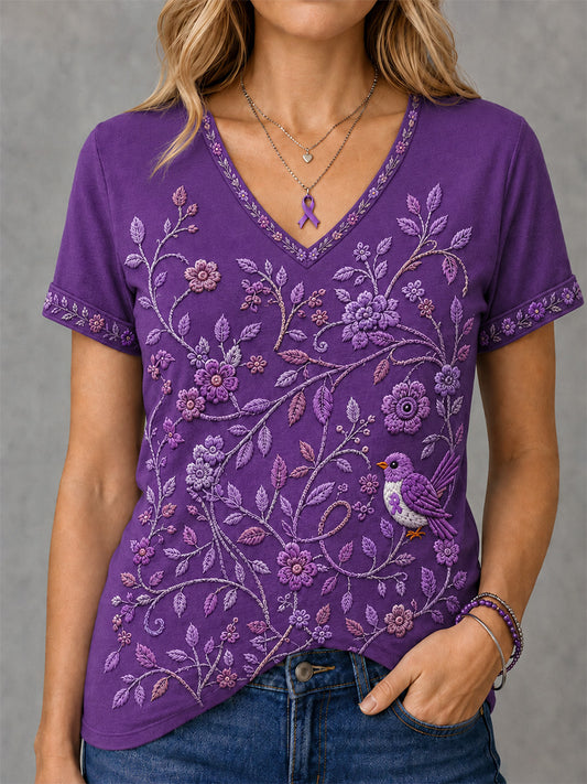 Women's Purple Floral & Hummingbird Print Alzheimer's Awareness Support V-Neck Tee