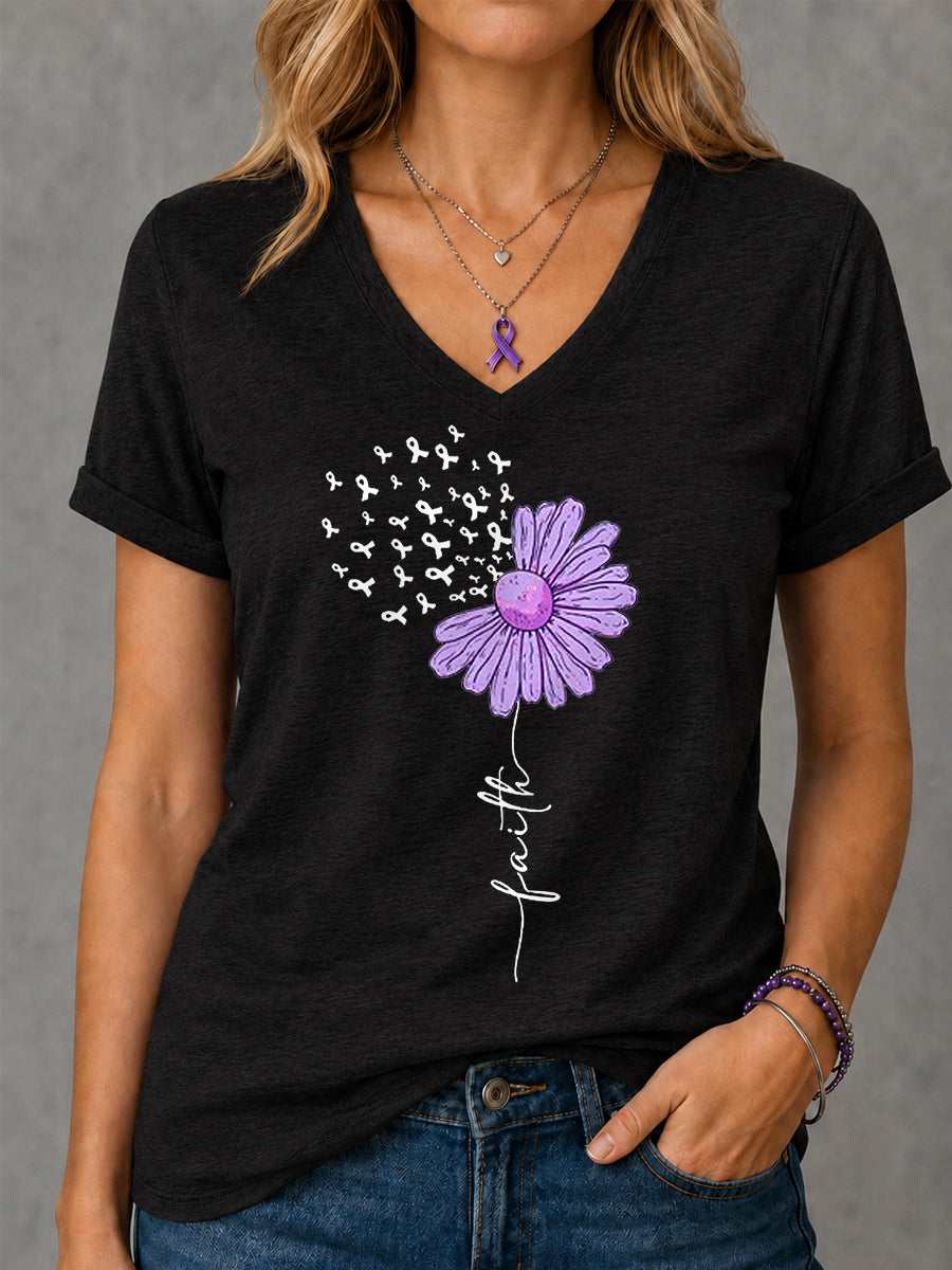 Women's Purple Ribbon Sunflower Faith Print Alzheimer's Awareness Support V-Neck Tee