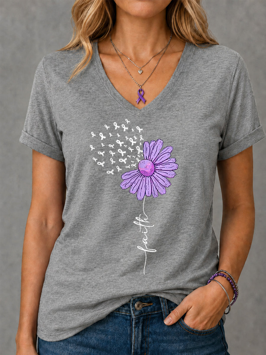 Women's Purple Ribbon Sunflower Faith Print Alzheimer's Awareness Support V-Neck Tee