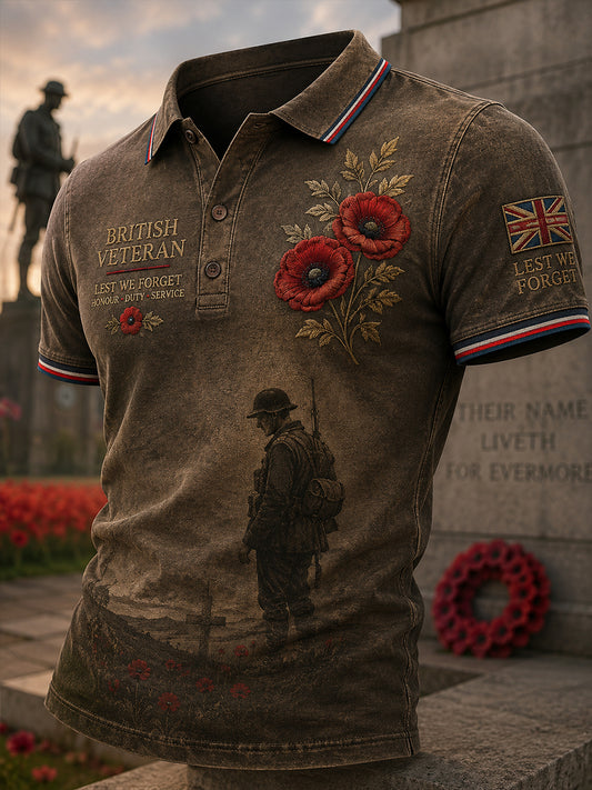Men's Short-Sleeve Polo Shirt With Vintage Veteran Commemorative Print
