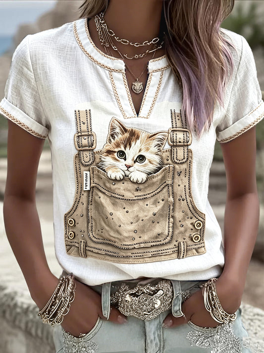 Women’s Cute Cat-Print Casual Summer Cotton-Linen T-Shirt