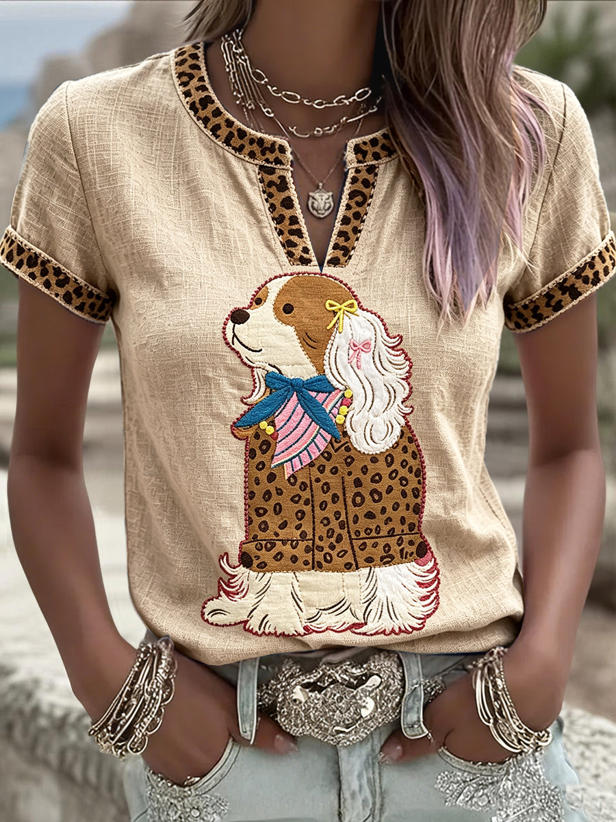 Women’s Cute Leopard-Print Dog-Patterned Casual Summer Cotton-Linen T-Shirt