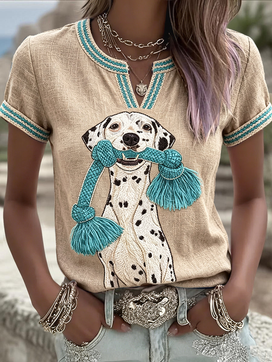Women’s Spotted Dog Print Casual Summer Cool Cotton-Linen T-shirt