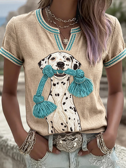 Women’s Spotted Dog Print Casual Summer Cool Cotton-Linen T-shirt