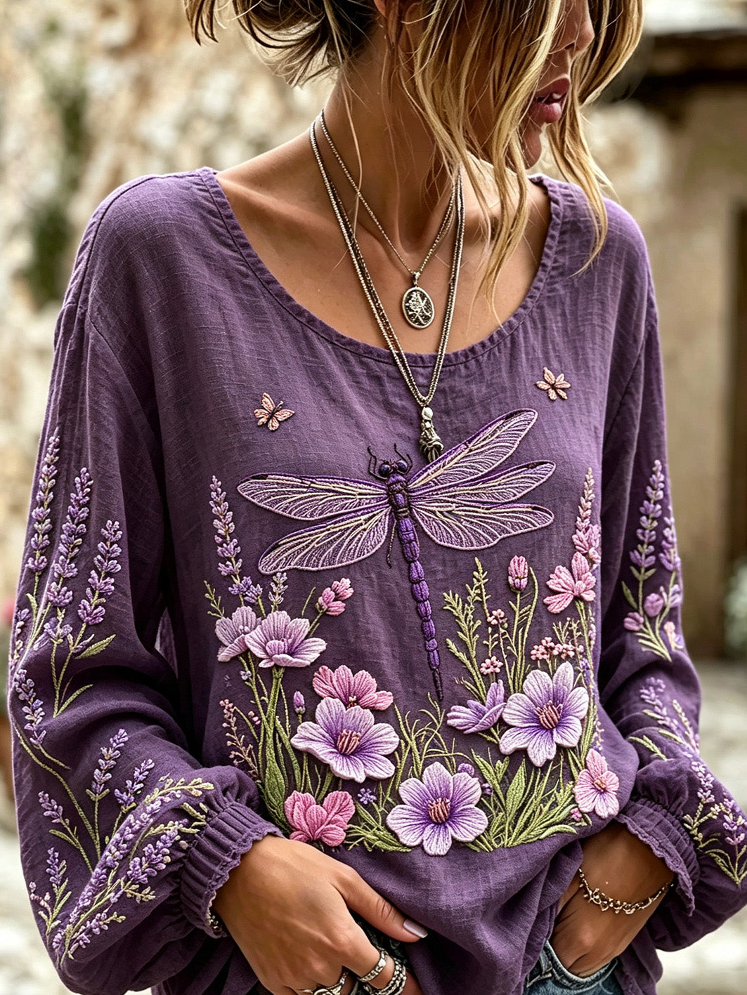 Women's Purple Flowers Pattern Printed Cotton-Linen Shirt