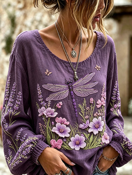 Women's Purple Flowers Pattern Printed Cotton-Linen Shirt