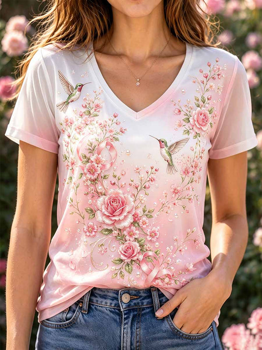 Women's Floral & Hummingbird Breast Cancer Awareness Support Print T-Shirt