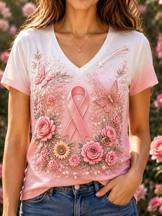 Women's Pink Floral Breast Cancer Awareness Support Printed T-Shirt