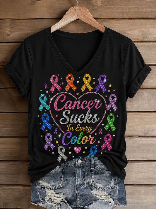 Women's Fight Cancer In All Colors Cancer Awareness Print T-shirt