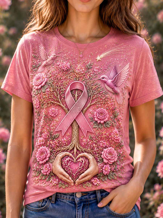 Women's Floral Tree of Life Pattern Pink Breast Cancer Support Printed T-Shirt
