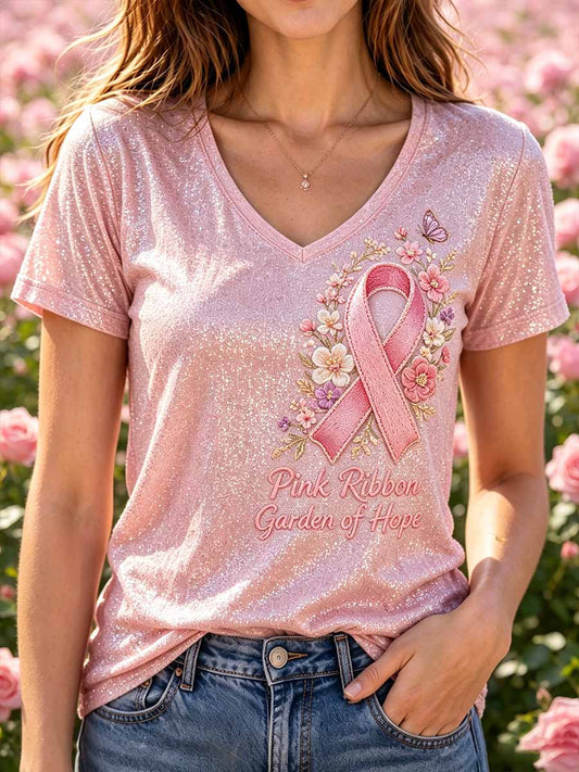 Women's Pink Floral Breast Cancer Awareness Support Printed T-Shirt