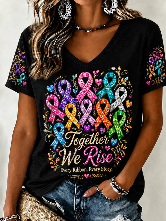 Women's Fight Cancer In All Colors Cancer Awareness Print T-shirt