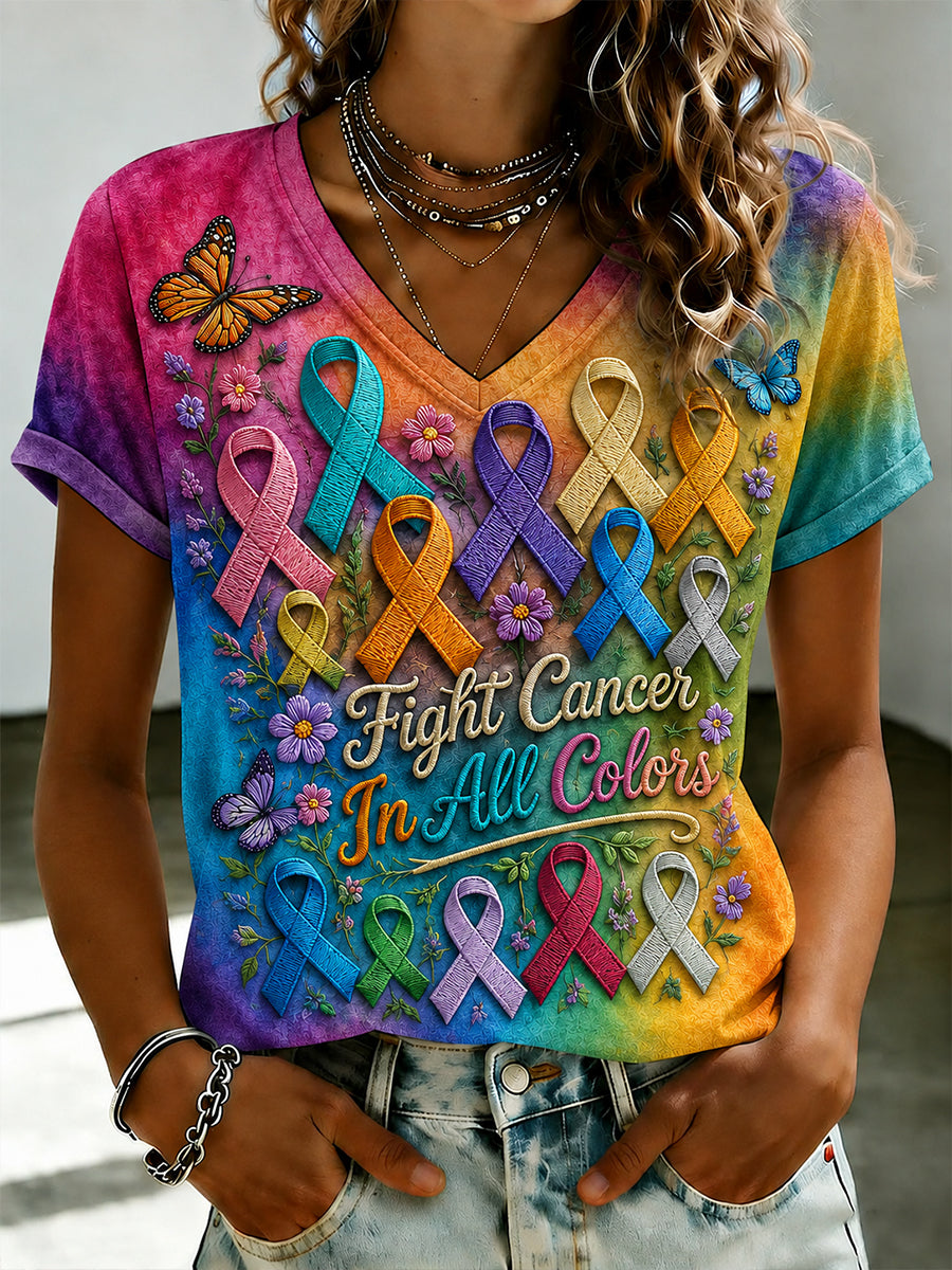 Women's Fight Cancer In All Colors Cancer Awareness Print T-shirt