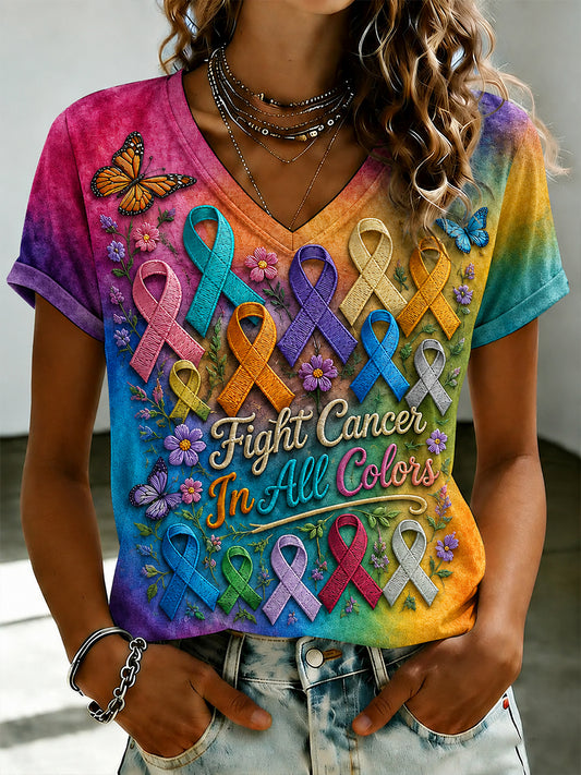 Women's Fight Cancer In All Colors Cancer Awareness Print T-shirt
