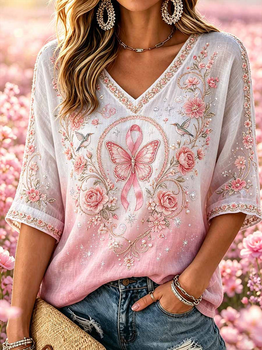 Women's Floral Butterfly Pattern Pink Breast Cancer Support Printed T-Shirt