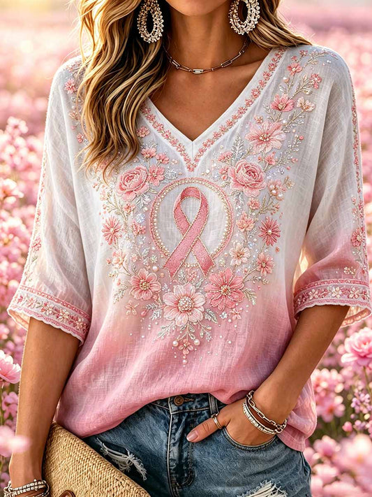 Women's Floral Pattern Pink Breast Cancer Support Printed T-Shirt