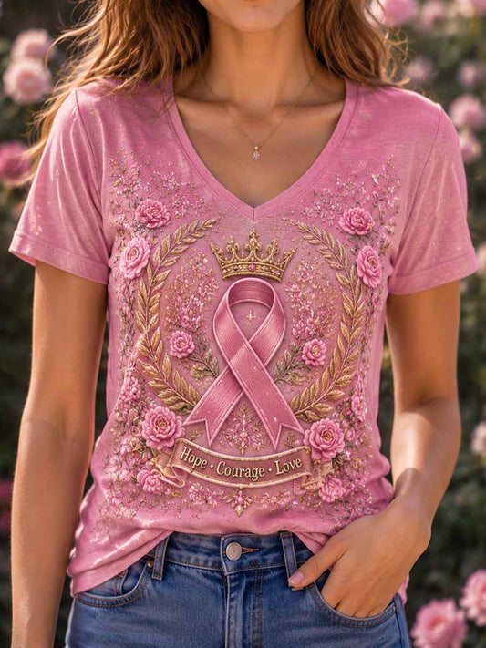 Women's Floral Crown Pattern Pink Breast Cancer Support Printed T-Shirt